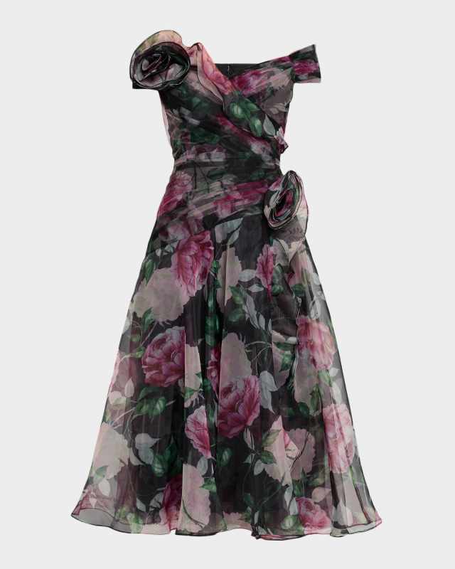 Off-Shoulder Pleated Organza Midi Dress
